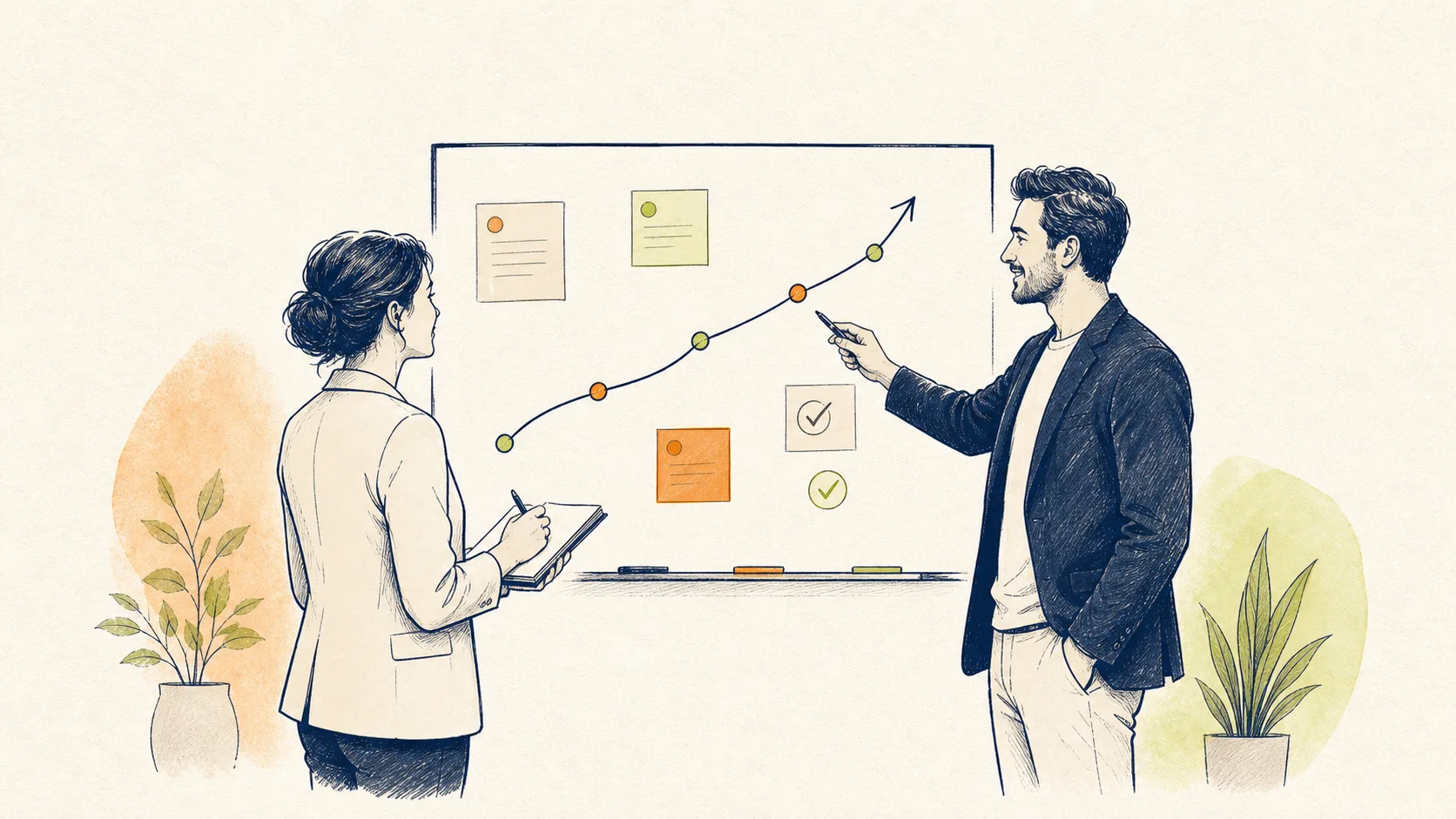 Handgetekende illustratie van een business coach en ondernemer bij een groeiplan op een whiteboard
