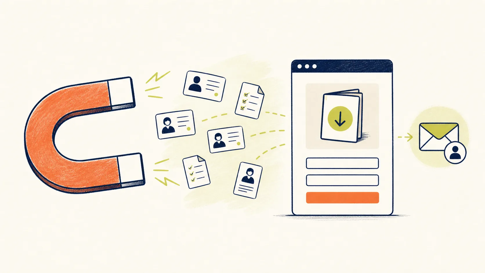 Handgetekende illustratie van een lead magnet die contactkaarten naar een downloadformulier trekt