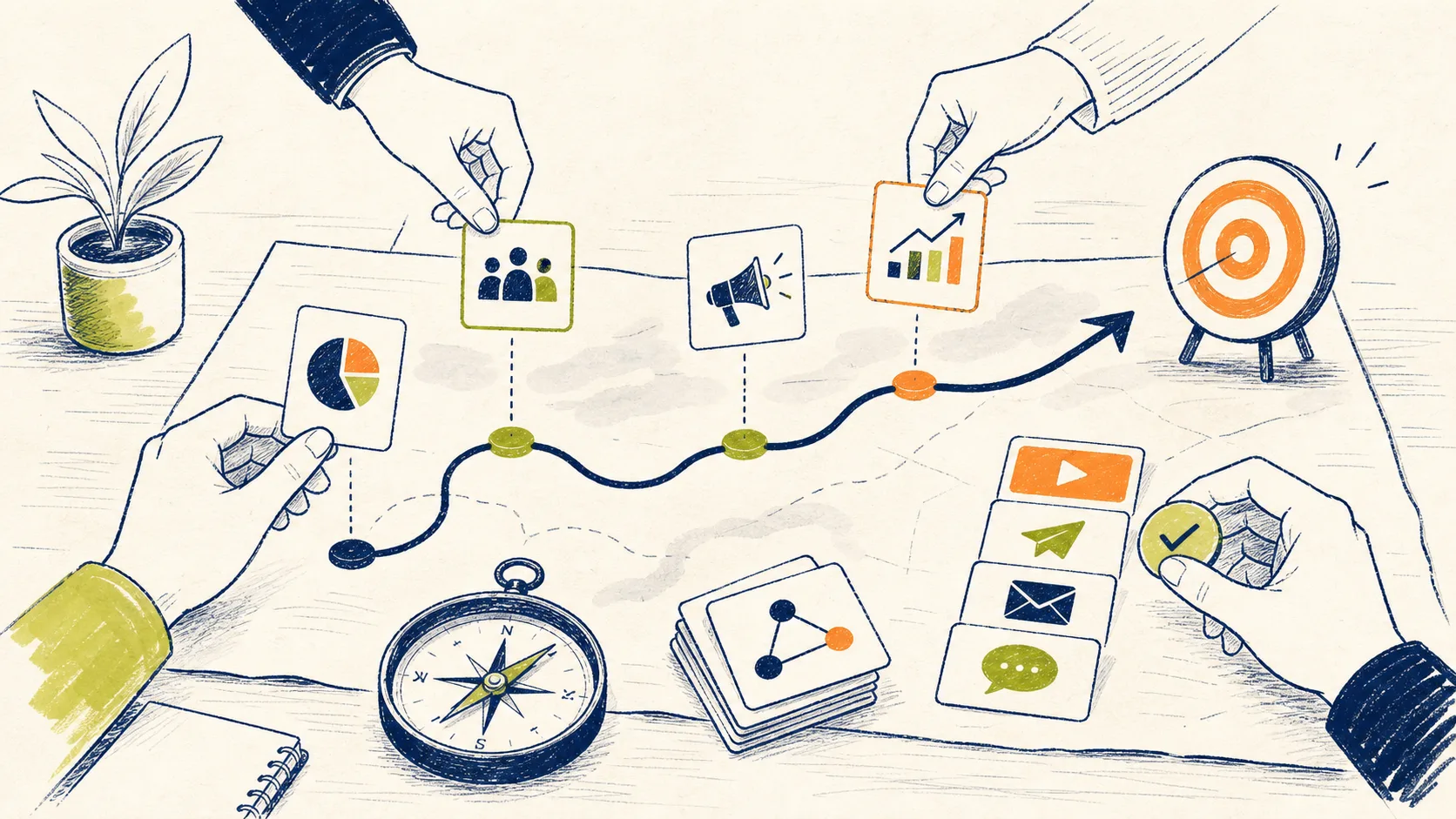 Handgetekende illustratie van een strategische groeiroute met doel, prioriteiten en meetpunten